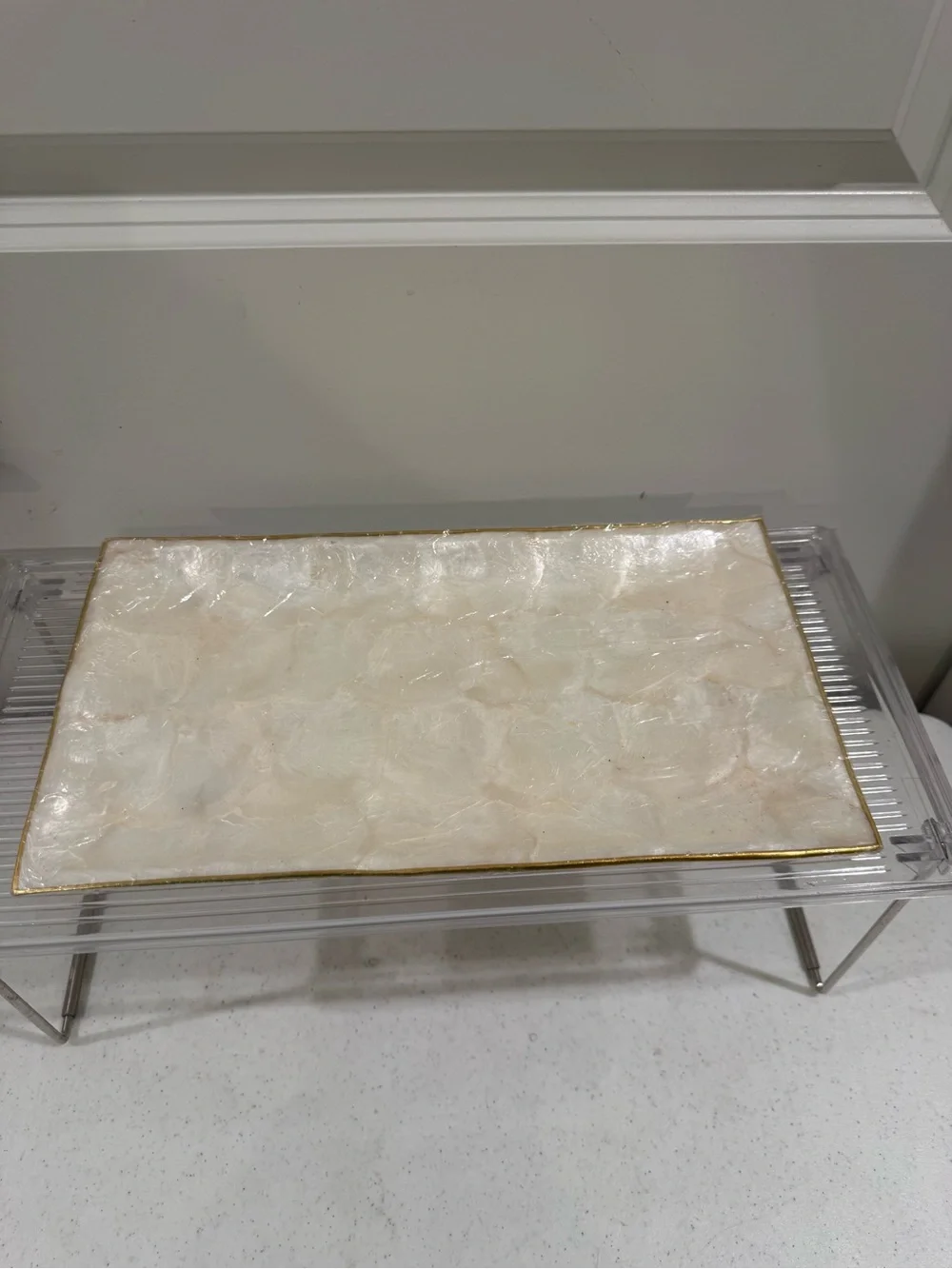 Vintage Elegant Cream Capiz Vanity Tray with Gold Trim ~ 12“ x 7“
